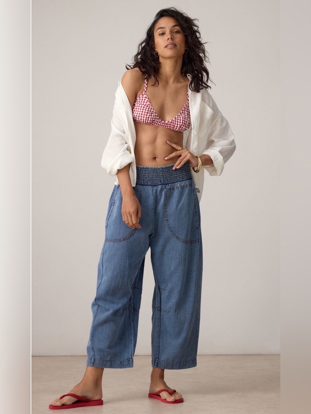 Pilcro Reese Smocked Waist curved barrel Jeans in Light Blue